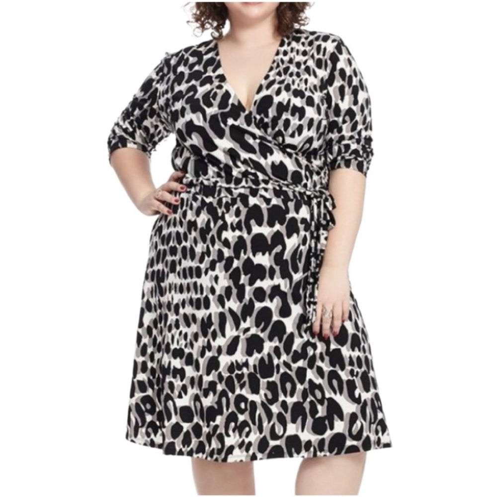 Leota Black White Leopard Print Faux Wrap Dress Jersey Stretch Women’s Plus 5X
